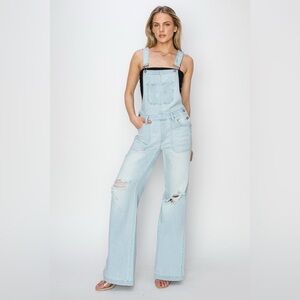 Patch Pocket Wide Leg Denim Overalls - Risen